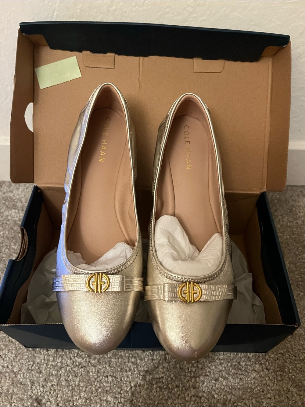 Cole Haan Metallic Gold Round-Toe Ballet Flats